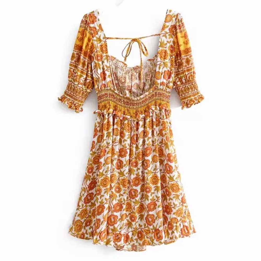 Boho Floral Gypsy Print Milkmaid Dress Yellow - Picture 6 of 11